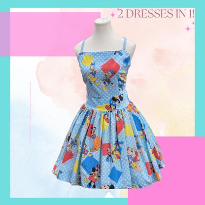 Disney Vintage Mickey & Friends Open back with Corset Tie A-line REVERSIBLE! L/XL