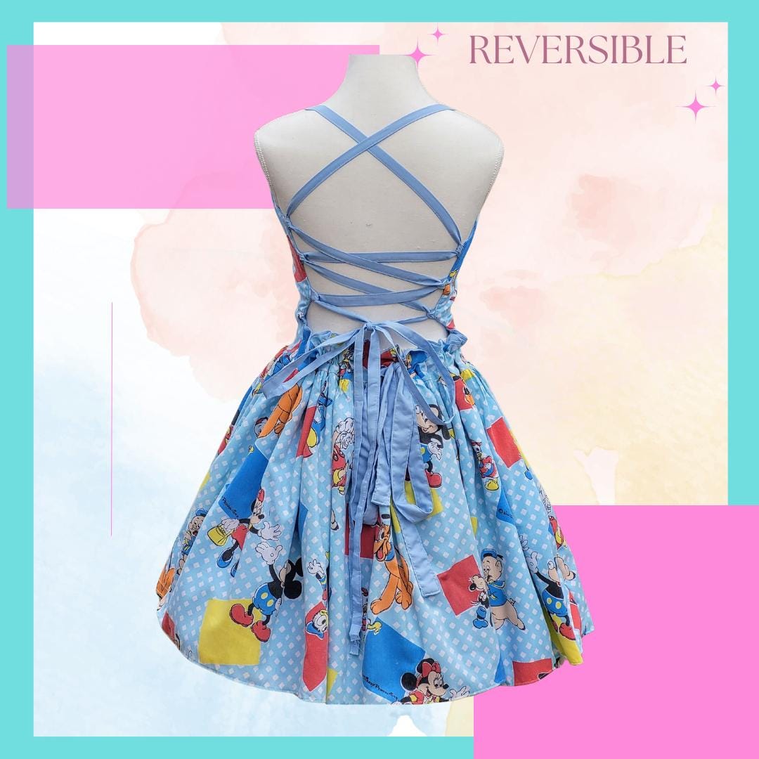 Disney Vintage Mickey & Friends Open back with Corset Tie A-line REVERSIBLE! L/XL